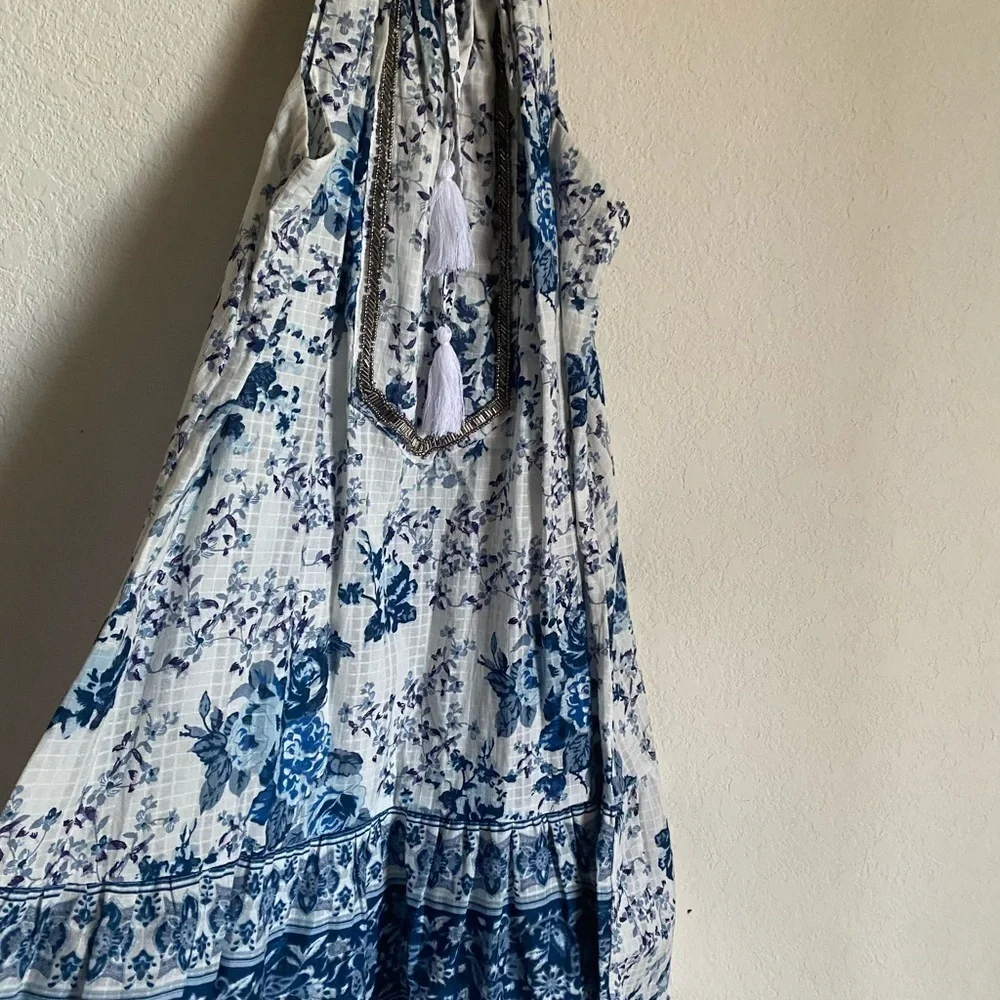 MIRA PIERINA FLORAL SILVER EMBROIDERY TASSEL TIE SHORT BOHO BEACH DRESS SIZE M